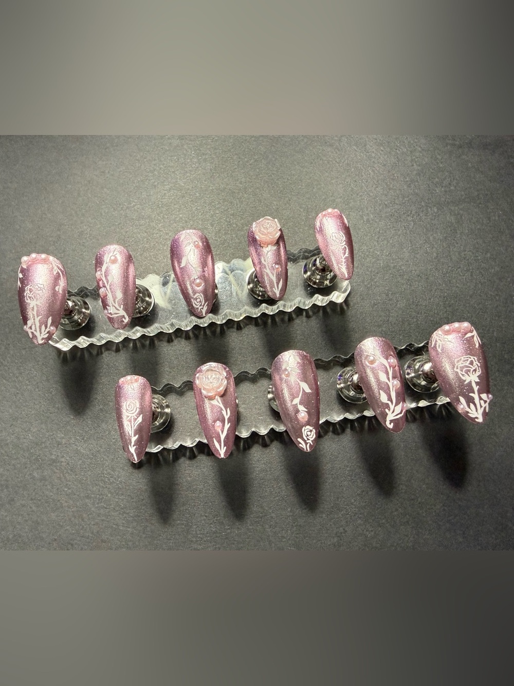 Chrome Pink Floral Rose Press-On Nails with Pearl Accents
